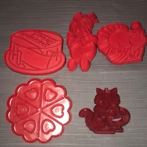 Lot of 5 Red Plastic Vintage Stamp Cookie Cutters Valentine Birthday Turkey